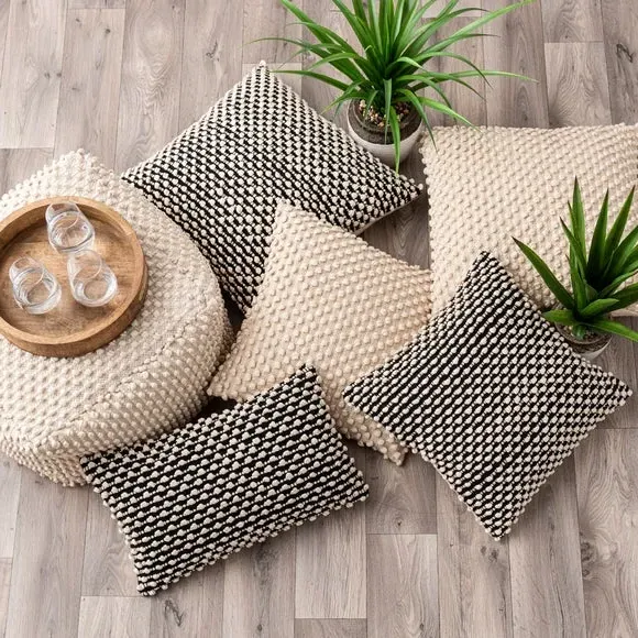 Square Cushion with Bobble Design - Black