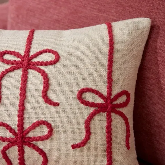 Square Cushion with Bow Design - Pink, Cotton
