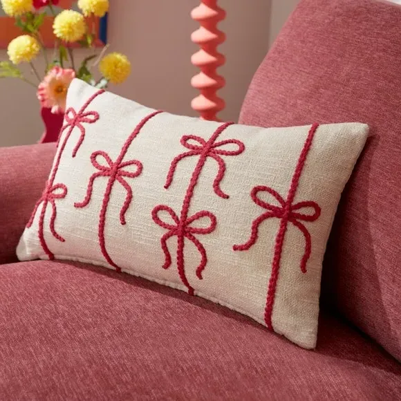 Square Cushion with Bow Design - Pink, Cotton image