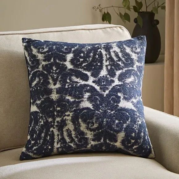 Square Cushion with Damask Print - Navy