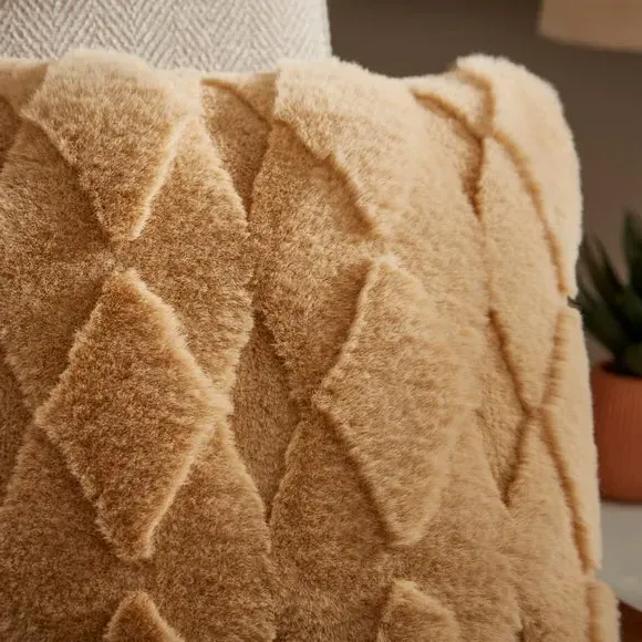 Square Cushion with Diamond Pattern - Sand, Faux Fur
