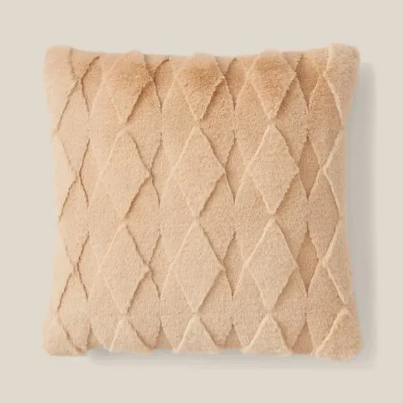 Square Cushion with Diamond Pattern - Sand, Faux Fur