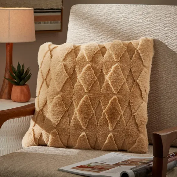 Square Cushion with Diamond Pattern - Sand, Faux Fur