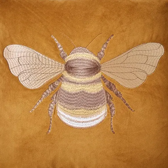 Square Cushion with Embroidered Bee - Gold, Polyester
