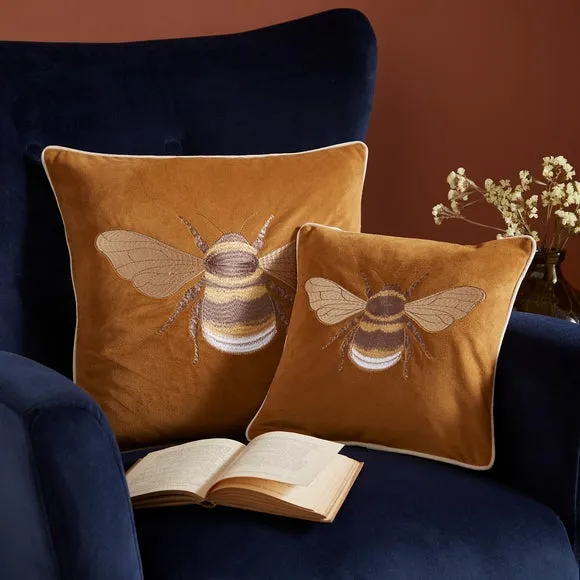 Square Cushion with Embroidered Bee - Gold, Polyester