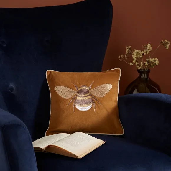 Square Cushion with Embroidered Bee - Gold, Polyester image