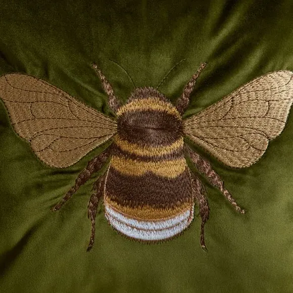 Square Cushion with Embroidered Bee - Green, Polyester