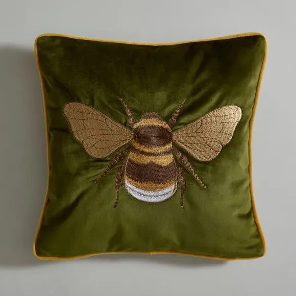 Square Cushion with Embroidered Bee - Green, Polyester