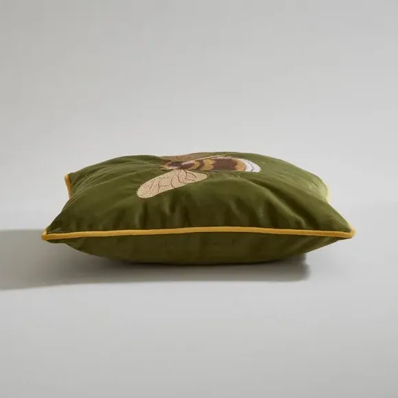 Square Cushion with Embroidered Bee - Green, Polyester