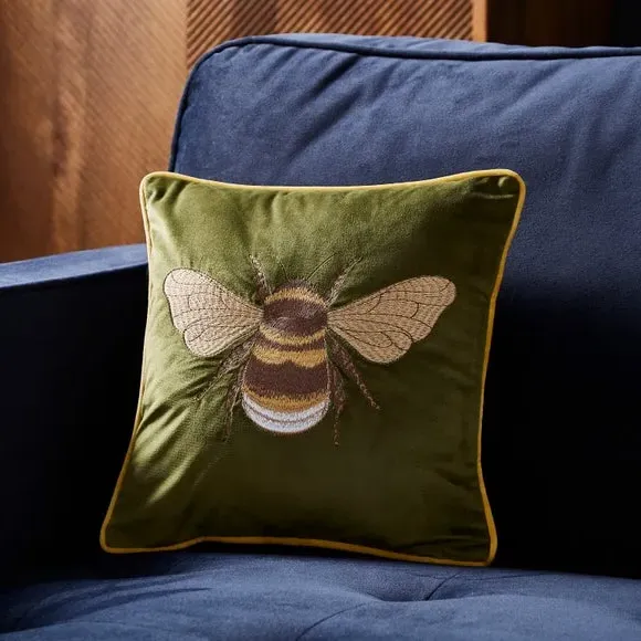 Square Cushion with Embroidered Bee - Green, Polyester