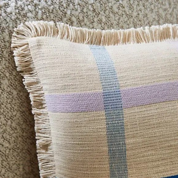 Square Cushion with Embroidered Check - Blue, Cotton