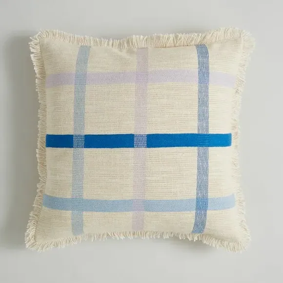 Square Cushion with Embroidered Check - Blue, Cotton