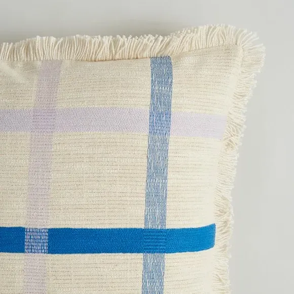 Square Cushion with Embroidered Check - Blue, Cotton