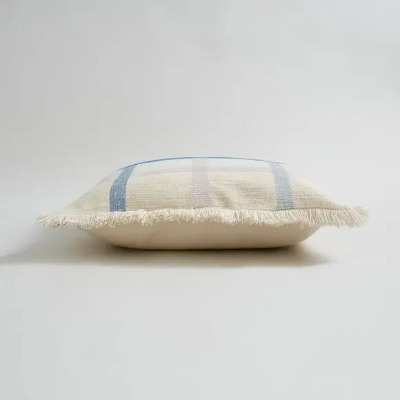 Square Cushion with Embroidered Check - Blue, Cotton