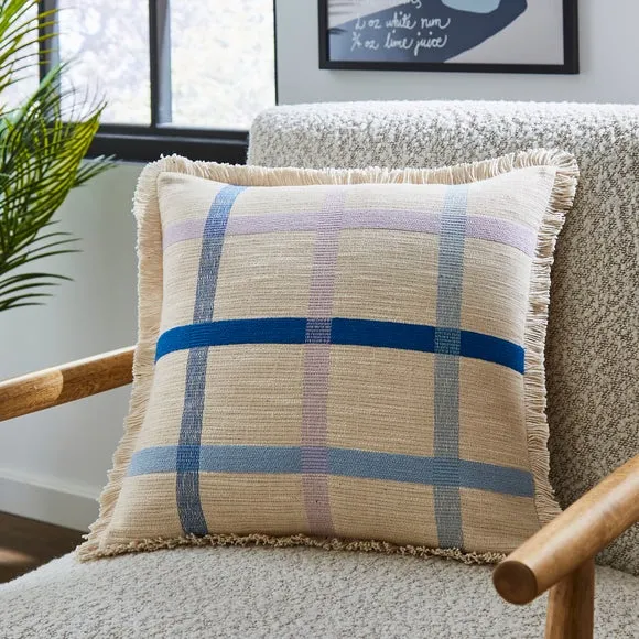 Square Cushion with Embroidered Check - Blue, Cotton image