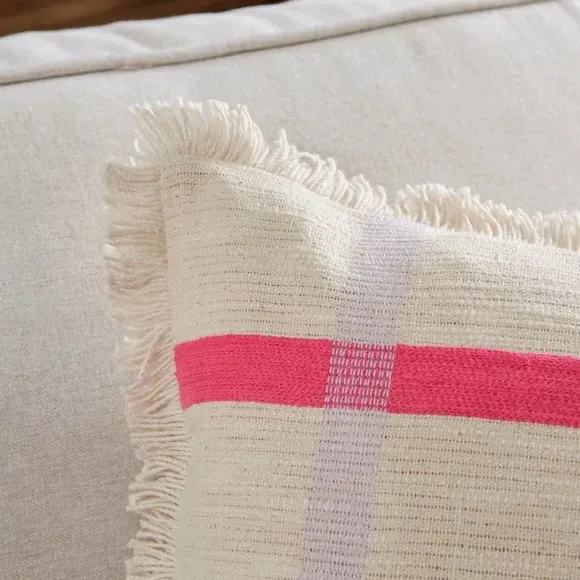 Square Cushion with Embroidered Check - Pink, Cotton