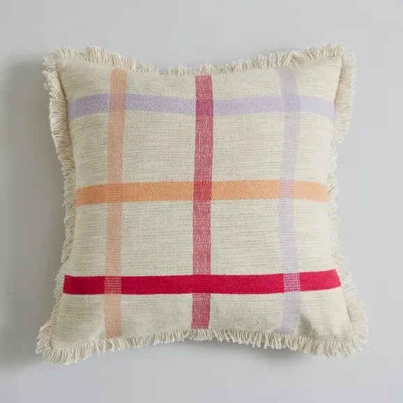 Square Cushion with Embroidered Check - Pink, Cotton