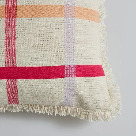 Square Cushion with Embroidered Check - Pink, Cotton