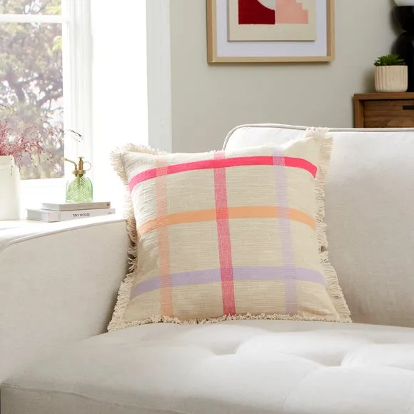 Square Cushion with Embroidered Check - Pink, Cotton