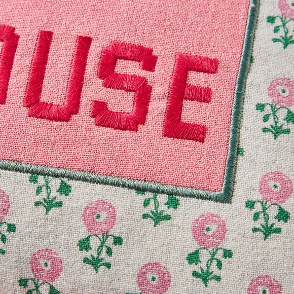 Square Cushion with Embroidered Quote - Pink, Cotton