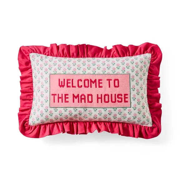 Square Cushion with Embroidered Quote - Pink, Cotton