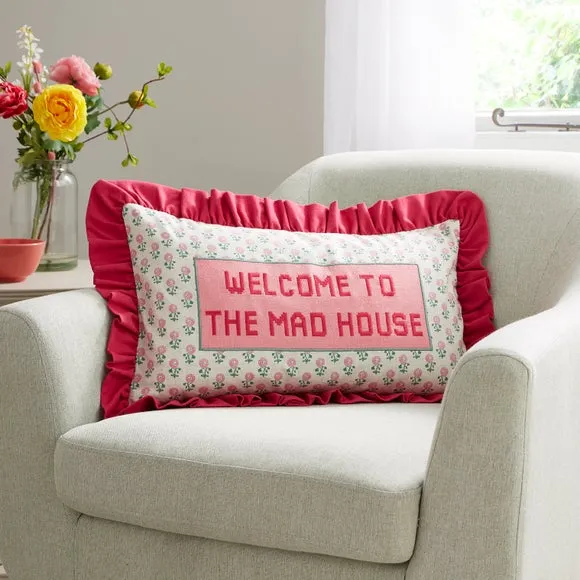 Square Cushion with Embroidered Quote - Pink, Cotton image
