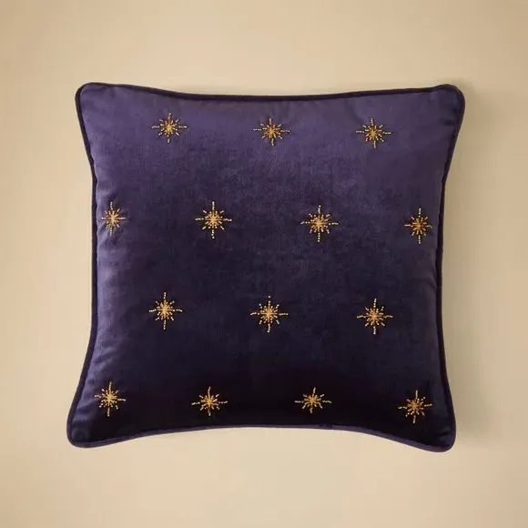 Square Cushion with Embroidered Stars - Purple, Velvet