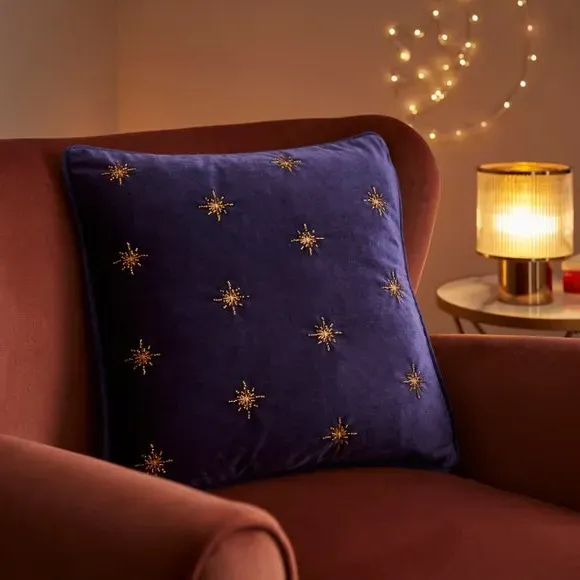 Square Cushion with Embroidered Stars - Purple, Velvet image