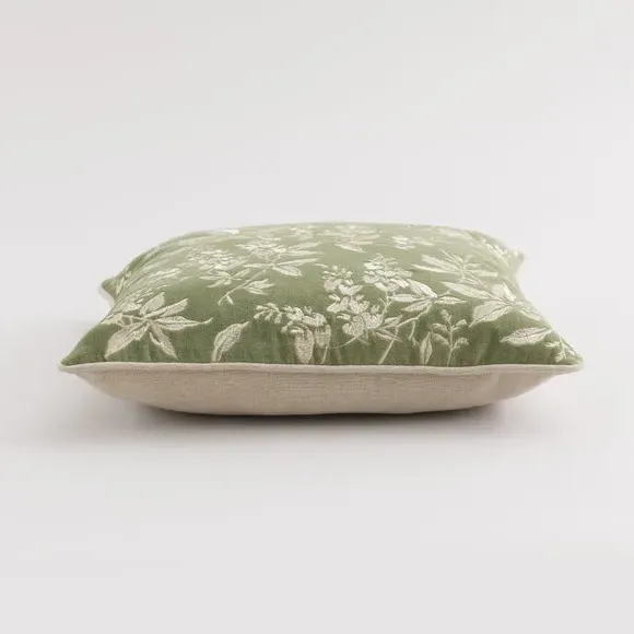 Square Cushion with Embroidery - Olive, Velvet