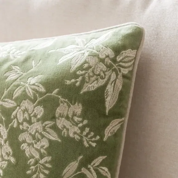 Square Cushion with Embroidery - Olive, Velvet