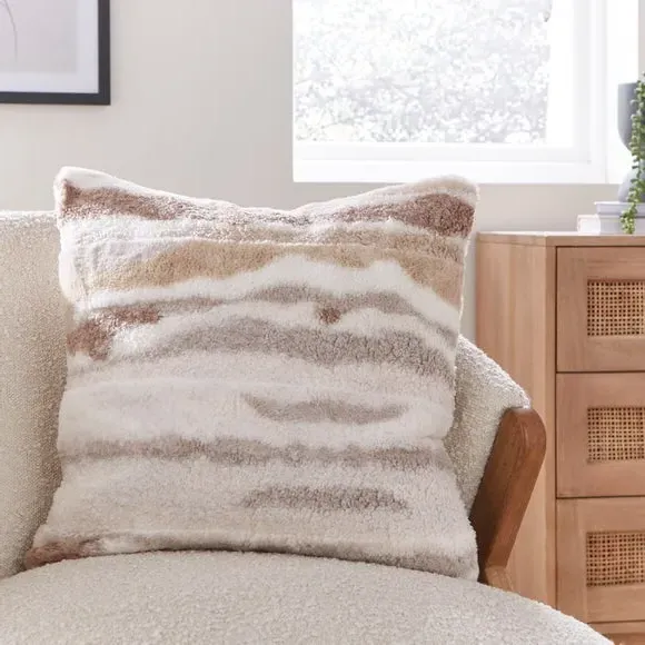 Square Cushion with Faux Fur - Natural, Boucle