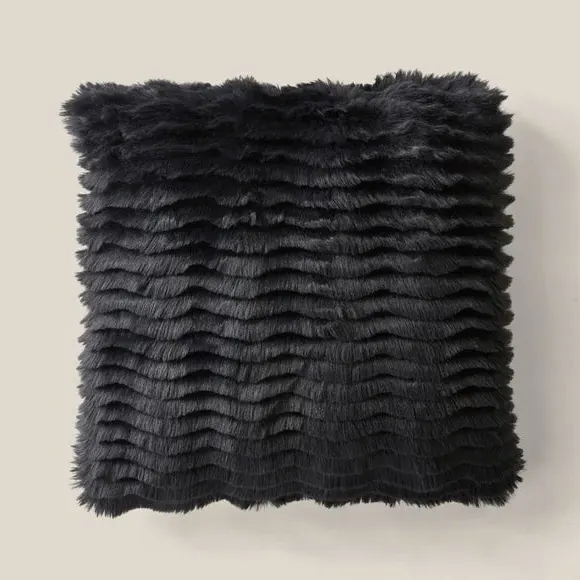 Square Cushion with Feather Texture - Black, Faux Fur