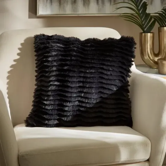 Square Cushion with Feather Texture - Black, Faux Fur