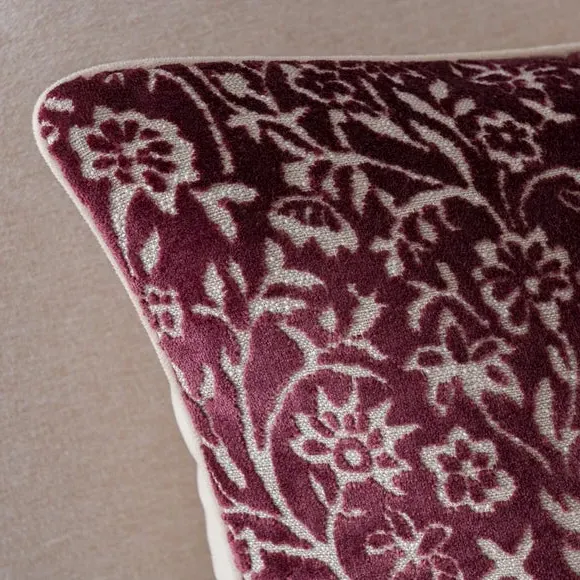 Square Cushion with Floral Design - Damson, Velvet