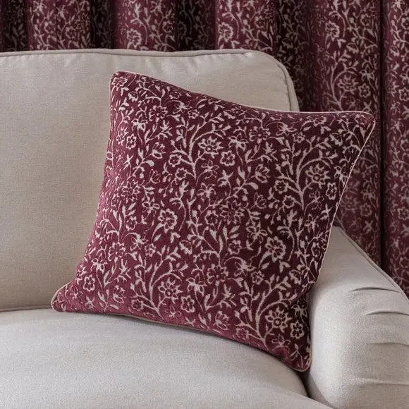 Square Cushion with Floral Design - Damson, Velvet