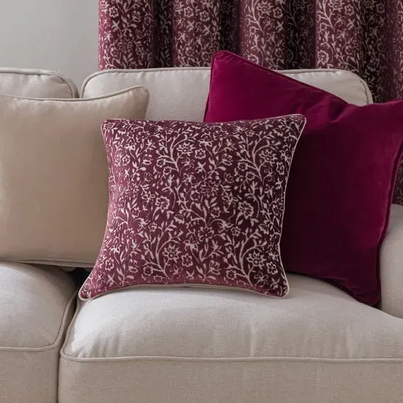Square Cushion with Floral Design - Damson, Velvet image