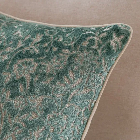 Square Cushion with Floral Design - Duck Egg, Velvet