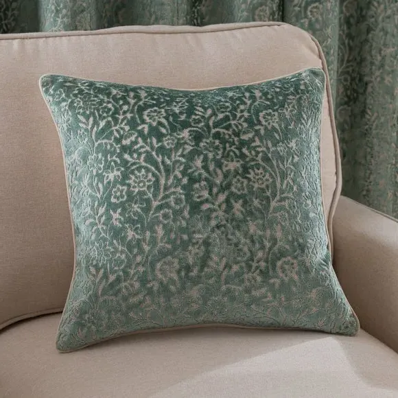 Square Cushion with Floral Design - Duck Egg, Velvet