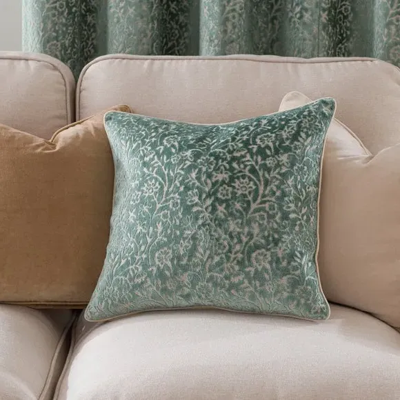 Square Cushion with Floral Design - Duck Egg, Velvet