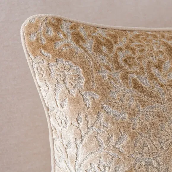 Square Cushion with Floral Design - Gold, Velvet