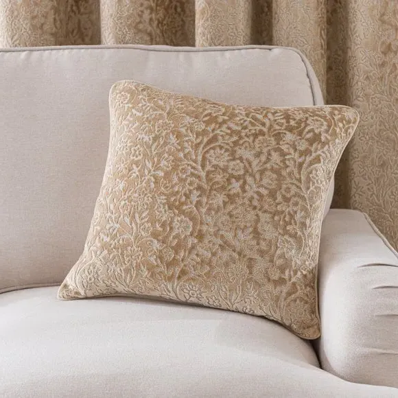 Square Cushion with Floral Design - Gold, Velvet