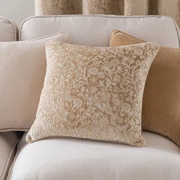 Square Cushion with Floral Design - Gold, Velvet