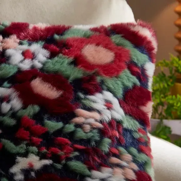Square Cushion with Floral Design - Multicolor, Fur