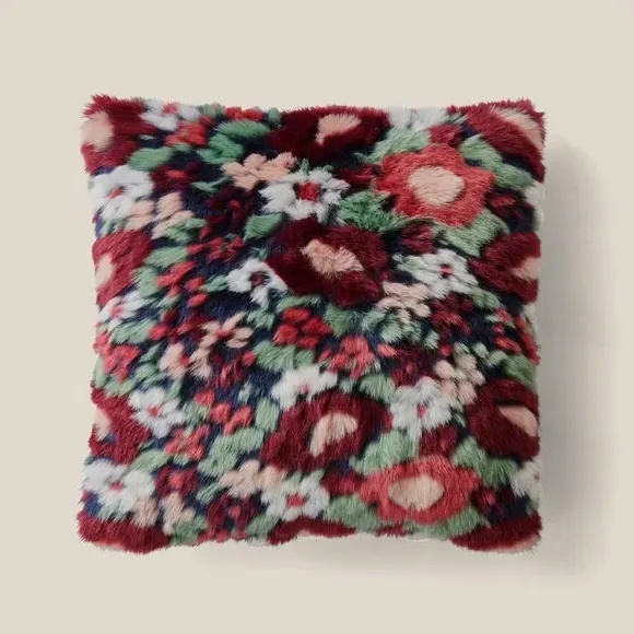 Square Cushion with Floral Design - Multicolor, Fur