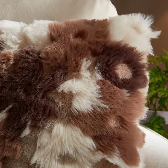 Square Cushion with Floral Design - Natural, Faux Fur