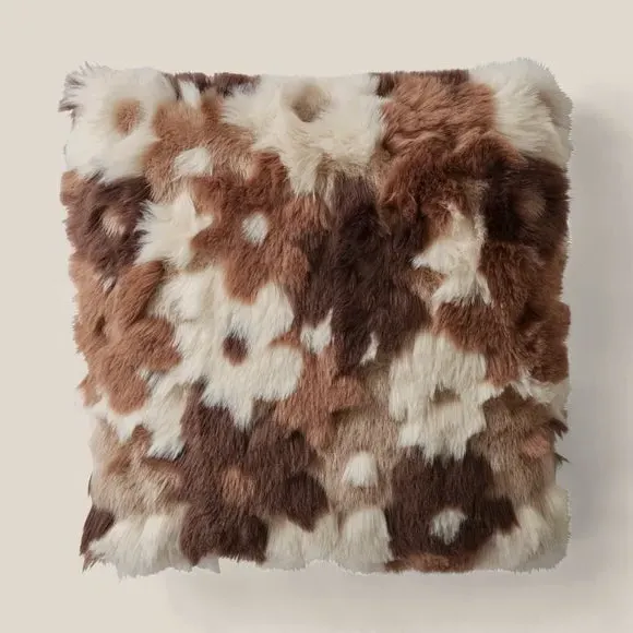 Square Cushion with Floral Design - Natural, Faux Fur