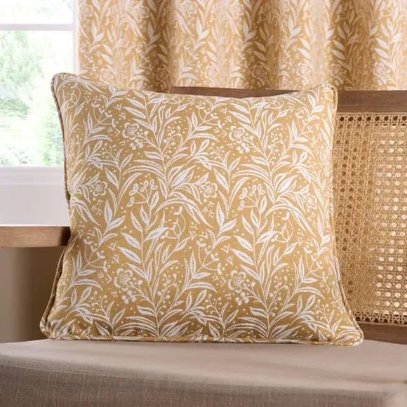 Square Cushion with Floral Design - Ochre, Polyester