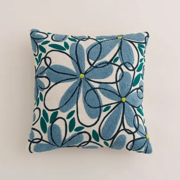 Square Cushion with Floral Embroidery - Blue