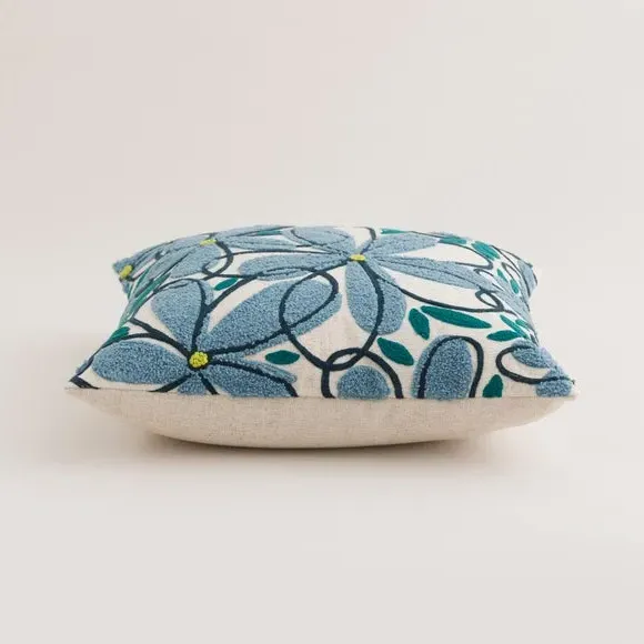 Square Cushion with Floral Embroidery - Blue