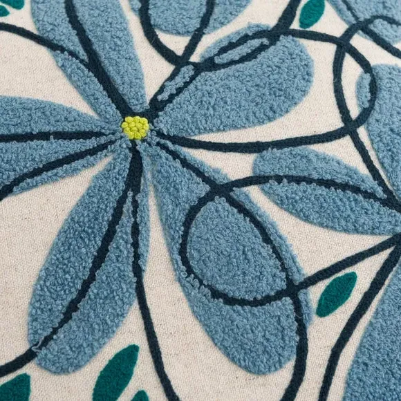 Square Cushion with Floral Embroidery - Blue